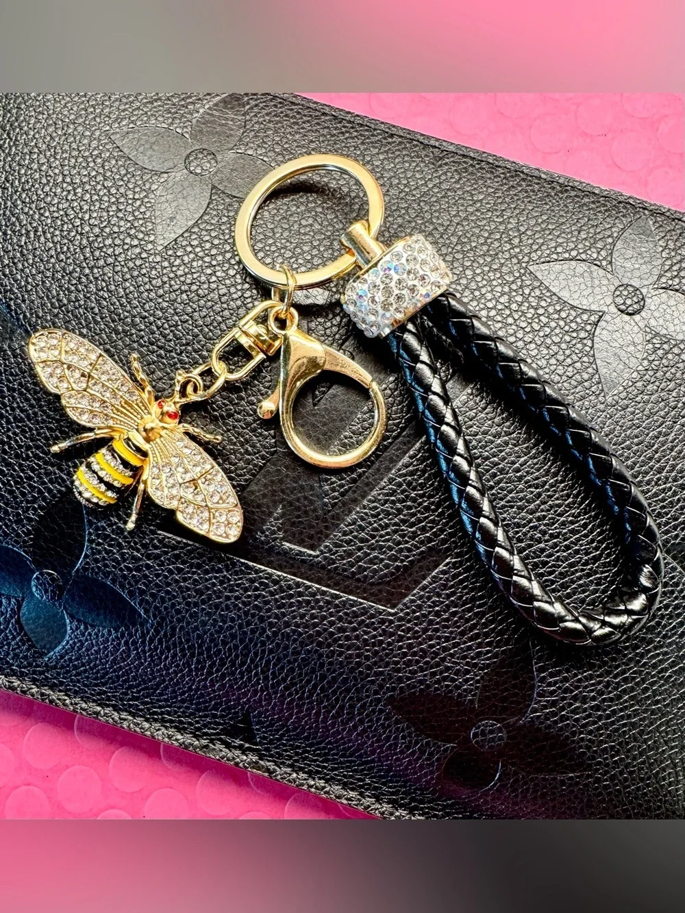 New Austrian Crystal & Metal Bee Purse Bag Charm Keychain w/ Woven Strap - 7”